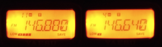 Side-by-side of Yaesu FT-60R LCD screen showing 146.880 (left) and 146.640 (right). It's a boring picture and honestly it's just there to break up the content a tiny bit.