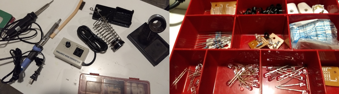 On the left is scattered soldering equipment and accessories. On the right is a close up of contents of electronics "tackle" box with electronics components.