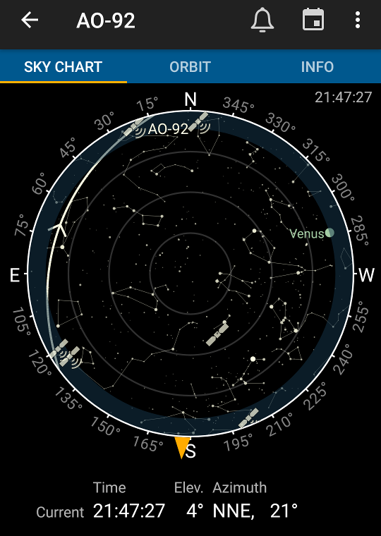 Screencap of Android Heavens-Above app tracking AO-92 satellite.